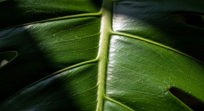 Large green leaf with sunlight shining.