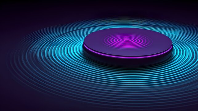 Modern 3D Circular Podium with Concentric Blue and Purple Ripple Waves for Product Presentation and Tech Showcase Background