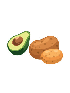 healthy food composition avocado with potato isolated on white background