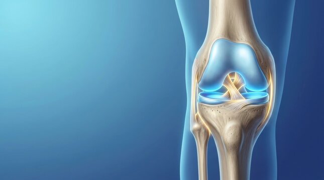 Detailed anatomical illustration of the human knee joint with ligaments and cartilage