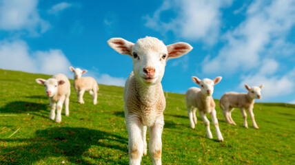 Fototapeta premium Cute baby lambs stand on a sunny green hill with a bright blue sky