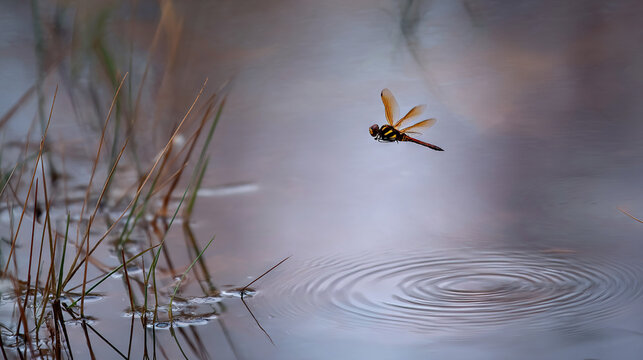 Dragonfly Hovering Over Rippling Water Near Marsh Plants