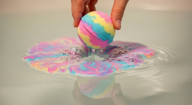 Hand placing colorful bath bomb into water creating vibrant fizz and foam.