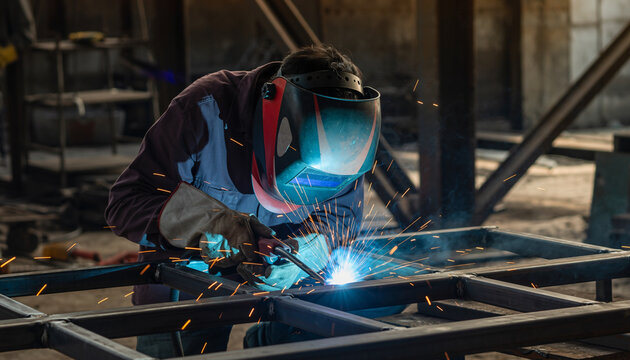 A person welding metal framework in an industrial workshop.