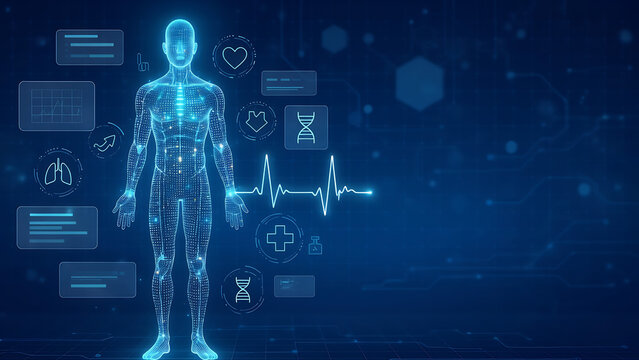 Blue glowing digital avatar of a human male, showcasing internal systems with icons on a futuristic grid background. Ideal for technological medical presentations.
