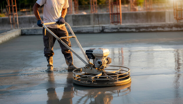 Person operating a power trowel on a concrete surface.