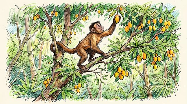 Illustration of a playful monkey climbing a lush tropical tree to pick ripe yellow fruits in a dense jungle rainforest