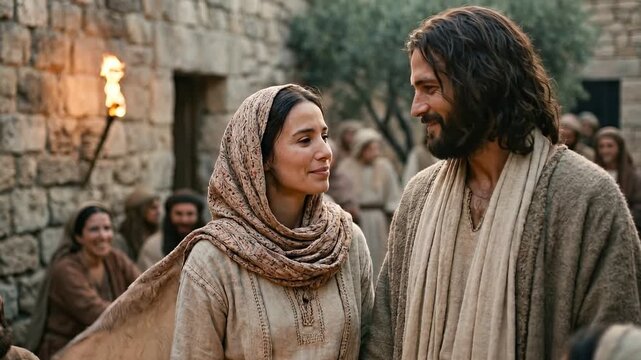 Jesus and his mother Mary amidst a joyous crowd at the wedding in Cana