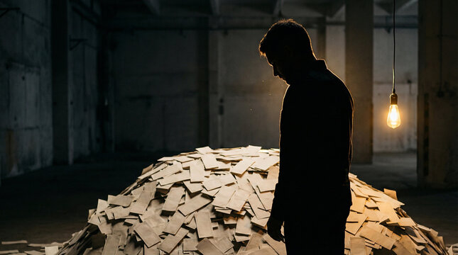 Silhouette of a man standing in a dimly lit warehouse beside a large stack of scattered currency, symbolizing hyperinflation and economic turmoil