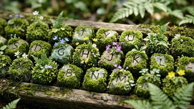 Ancient runes covered in moss and foliage blend with a forest floor providing a mystical and natural aesthetic for an outdoor setting