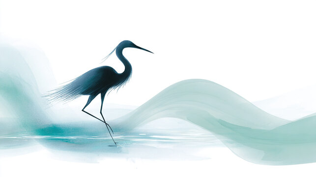 Long-necked bird standing in shallow water with misty landscape background