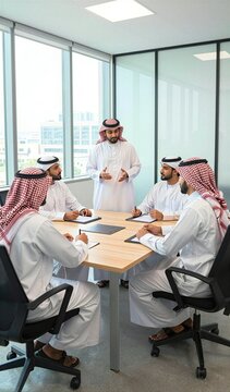 Group Of Five Individuals Engaged In To Business Meeting Within Office Setting Main Subject Positioned Centrally Standing Behind Table With Hands Gesturing As