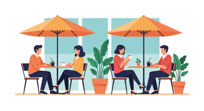 Flat vector illustration showing couples sitting at round tables in an outdoor cafe under orange umbrellas drinking coffee with green potted plants on a white background.