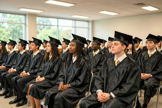 Group Of Young Adults Seated In Rows To Graduation Ceremony Main Subjects Dressed Formally Wearing Black Academic Gowns With Yellow Stoles Typical Attire
