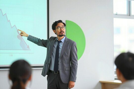Middle Aged Asian Man Standing In Front Of Audience Within To Classroom Seminar Setting Wearing Glasses Dark Suit With Textured Blazer Light Blue