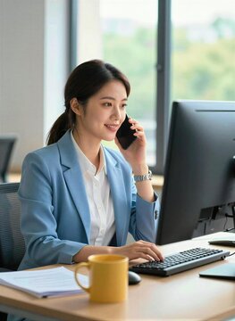 Woman Seated In Office Environment Engaged With Work On Computer Speaking Mobile Phone Held To Ear Professionally Dressed Business Attire Wears Light Blue