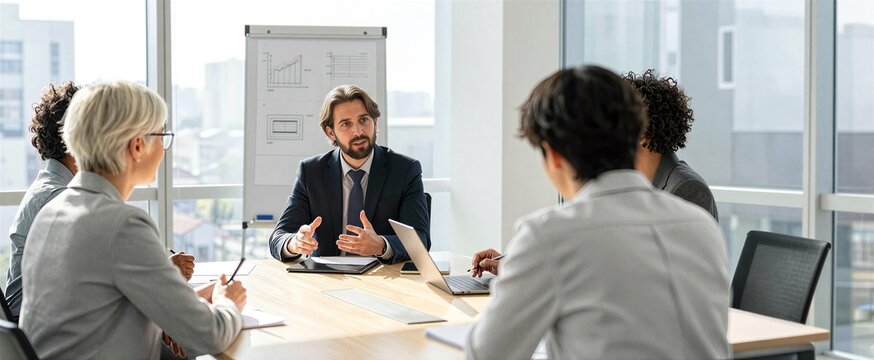 Business Meeting Taking Place In Office Environment With Large Windows Allow Natural Light To Fill Room Main Subject Man Seated At Conference Table