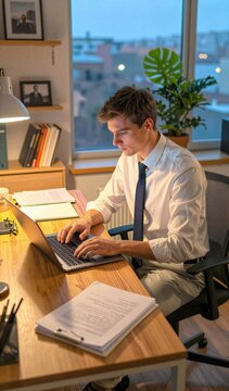 Young Caucasian Male In Late Twenties Early Thirties Engrossed Work On Laptop Computer Dressed Professionally Wearing White Button Shirt With Sleeves Rolled Dark
