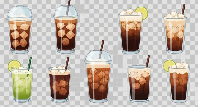 Set of vector illustrations featuring iced coffee and lime beverages in plastic takeaway cups with dome lids and glassware, including ice cubes, straws, and citrus garnishes.