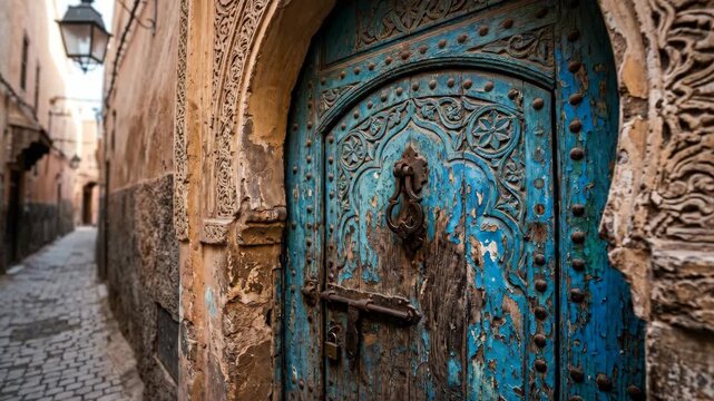 Ornate ancient turquoise door adorned with intricate metallic patterns stands in a narrow sun drenched cobblestone alleyway suggesting mystery and old world charm