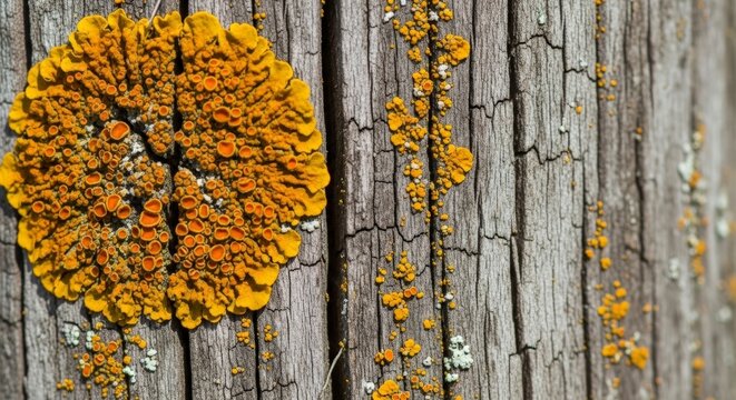 Yellow Lichen Growing on Weathered Wood.