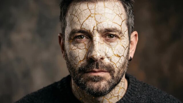 A man s face is covered in intricate cracked patterns resembling dried earth or ancient pottery His expression is neutral against a textured background