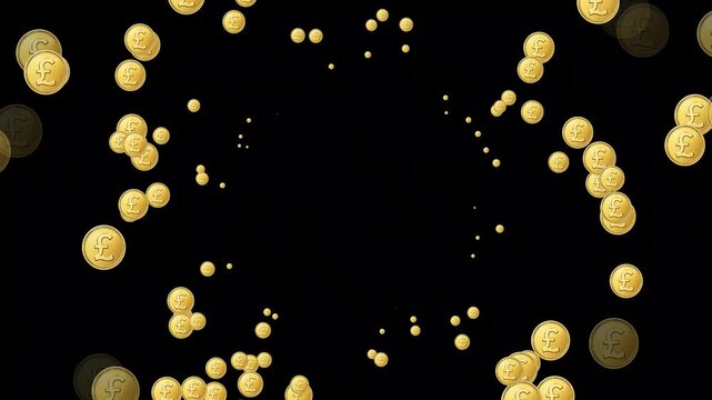 Golden pound coins swirling on black background showing wealth flow and abundance