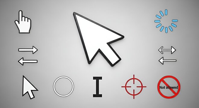 A collection of computer mouse cursor icons and symbols on a gray background