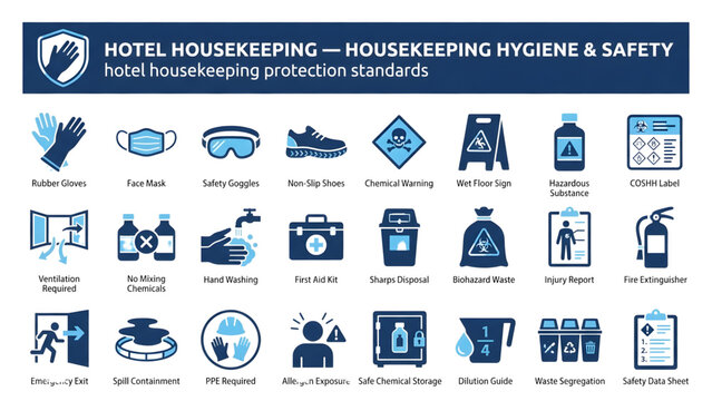 Hotel Housekeeping Hygiene and Safety Protection Standards Icon Set
