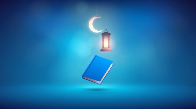 A blue book floating under a crescent moon and lantern against a blue background.