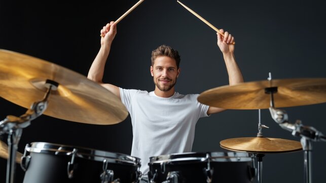 Smiling Caucasian man playing drums with enthusiasm and energy in a studio setting.