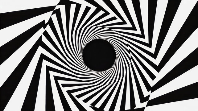 Hypnotic black and white optical illusion with a dynamic spiral vortex design creating deep visual movement and a sense of depth