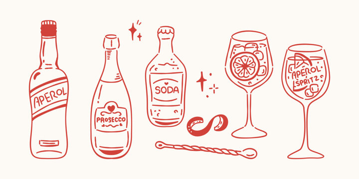 Aperol Spritz cocktail ingredients set in minimal red line art style, including prosecco, soda, and orange garnish.
