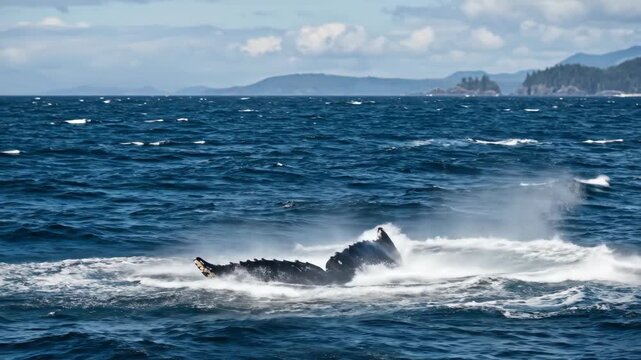 A majestic whale fluke dives into the deep blue ocean creating a splash of white foam a breathtaking display of marine life