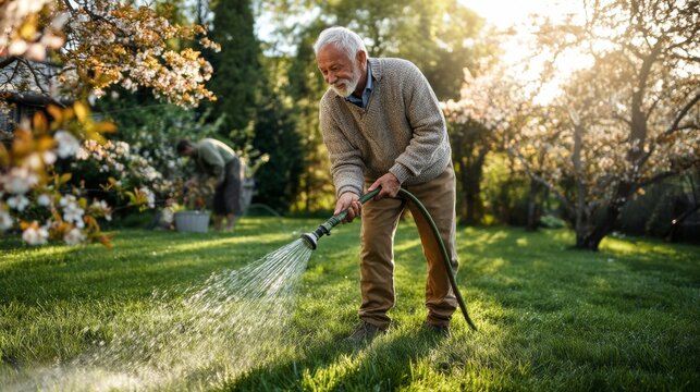 Elderly man watering garden flowers during golden hour in a serene outdoor setting.