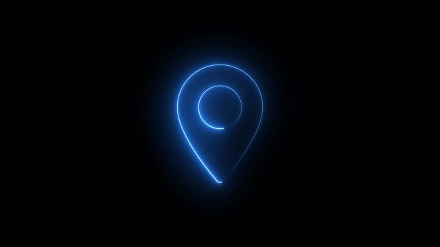 Abstract location glowing neon icon fast tracking map pin icon animation on black background.