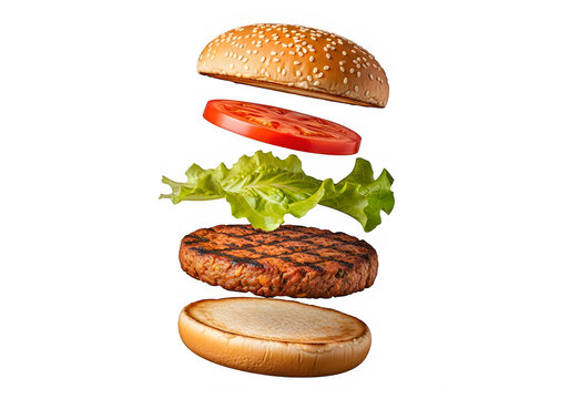 Exploded view of a plant based burger with sesame bun and lettuce