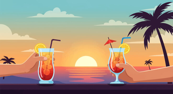 Vector illustration of two hands holding tropical cocktail drinks with lemon slices and straws against a vibrant beach sunset with palm tree silhouettes and a large setting sun.