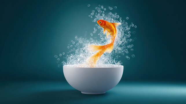 Golden Fish Leaping from a Ceramic Bowl