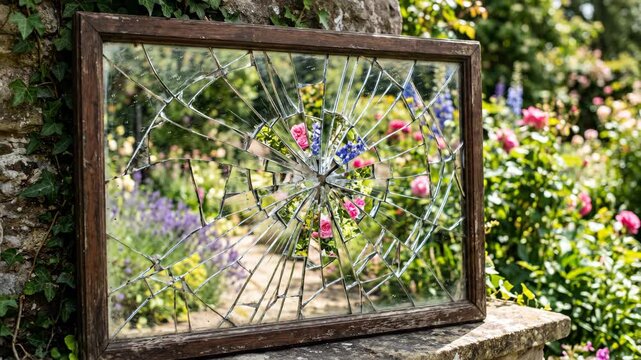 A decorative glass panel rests on a stone ledge showcasing a vibrant garden scene with colorful flowers and lush greenery a peaceful outdoor display