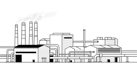 Naklejka premium Industrial Factory Building with Smokestacks Emitting Smoke.