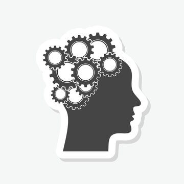 Thinking icon. Human head gears icon sticker isolated on gray background