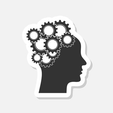 Thinking icon. Human head gears icon sticker isolated on gray background