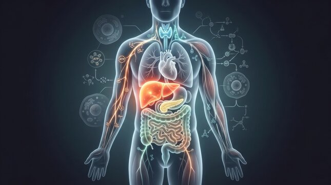 Human body internal organs and cellular processes visualized with glowing energy pathways
