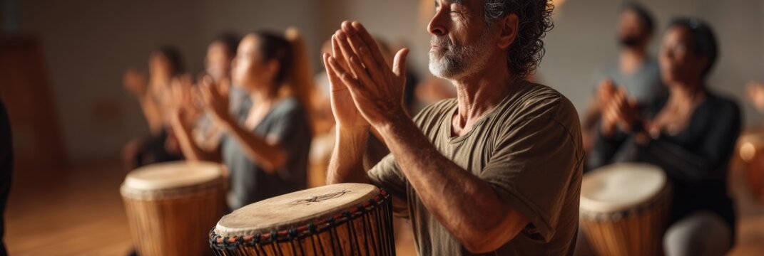 Middle-aged man with curly hair claps hands during a drum circle session.