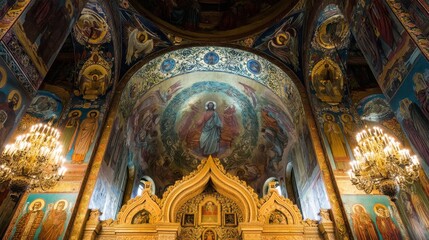 Obraz premium Majestic interior of a historic church with ornate frescoes and chandeliers.