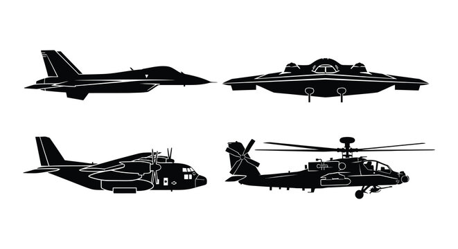 Black silhouette illustrations of military attack helicopters in various views