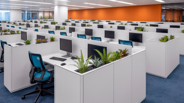 Modern open plan office features numerous cubicles with computers ergonomic chairs and integrated green plants promoting a biophilic workspace design