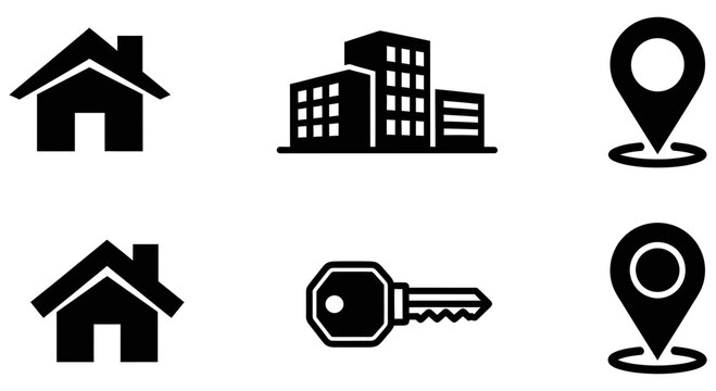 Collection of real estate icons featuring buildings keys and map pins