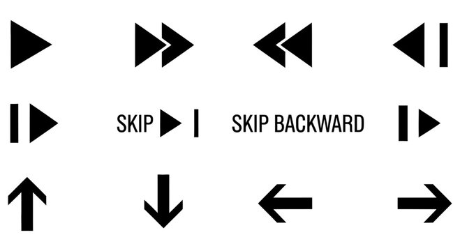 Set of black media control buttons and navigation arrow icons